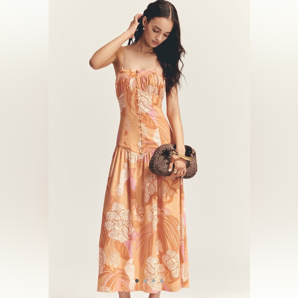 NWT Farm Rio Anthropologie Linen Blend Strapless Drop Waist Maxi Dress medium